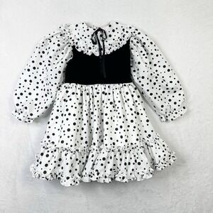 Martha's Miniatures Dress Girls 6X Black White Dot Ruffler‎ VTG Full Skirt L/S
